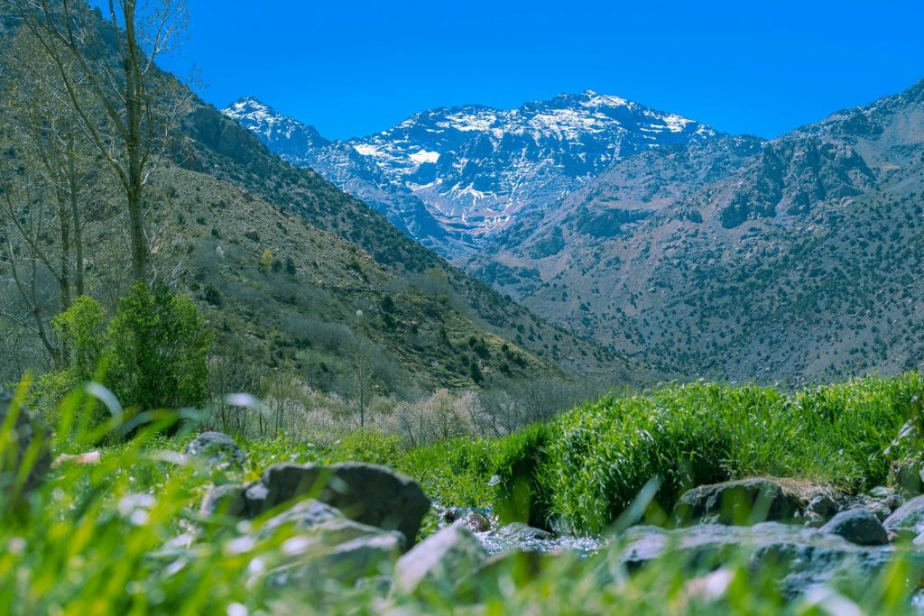 una vista di una catena montuosa attraversata da un torrente.